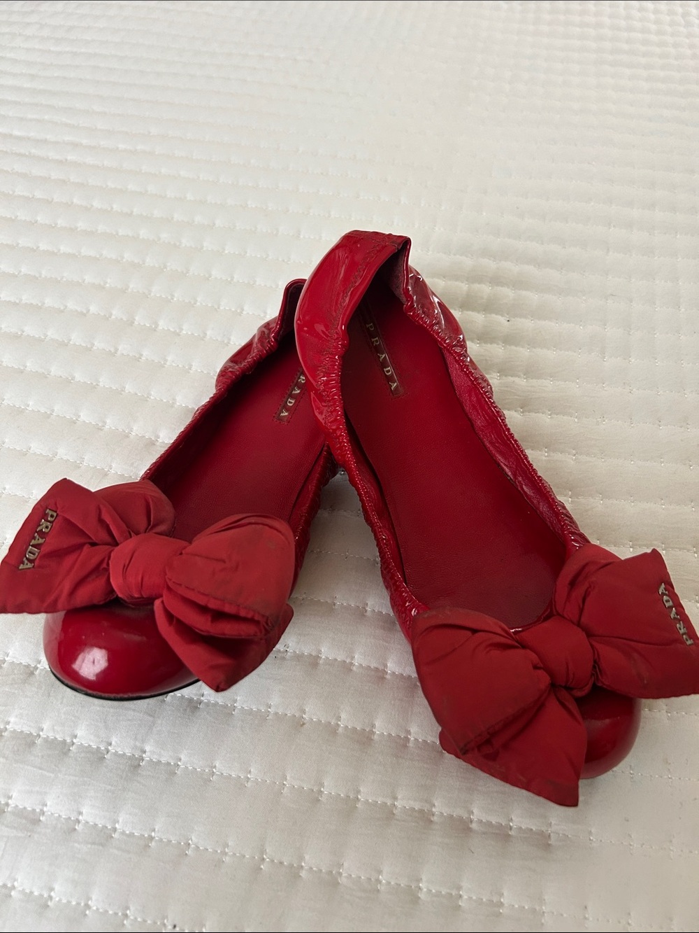 Prada Red Patent & Leather Bow Flats